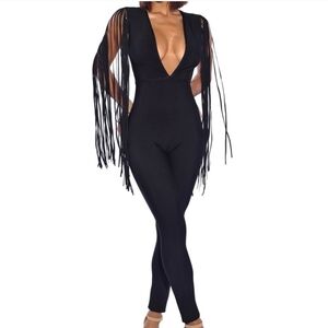 MISS CIRCLE Zuri Deep V NYE Party Fringe Sleeve Sexy Bandage Jumpsuit Size M